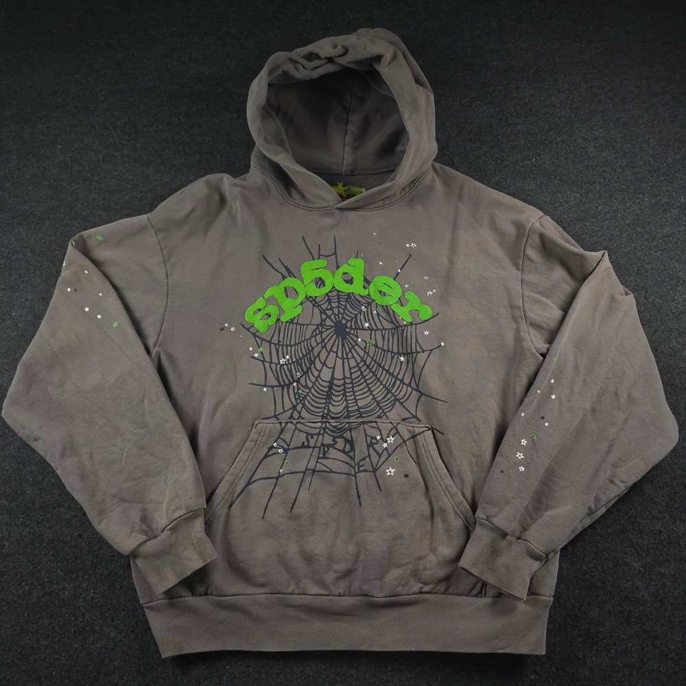 Sp5der x Young Thug Wait Web Puff Print Hoodie Grey Slime Green Stars Men's L